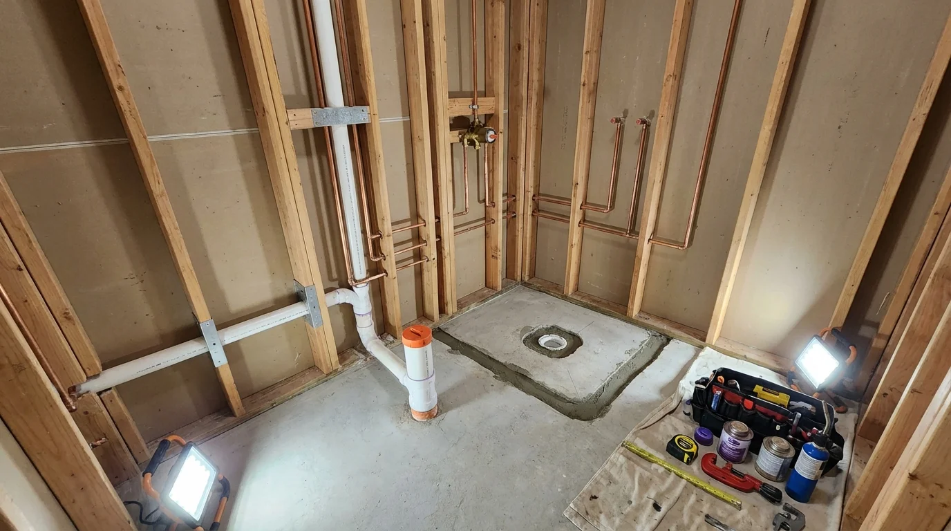 Bathroom rough-in plumbing during remodel by Johns Plumbing LLC in Firestone