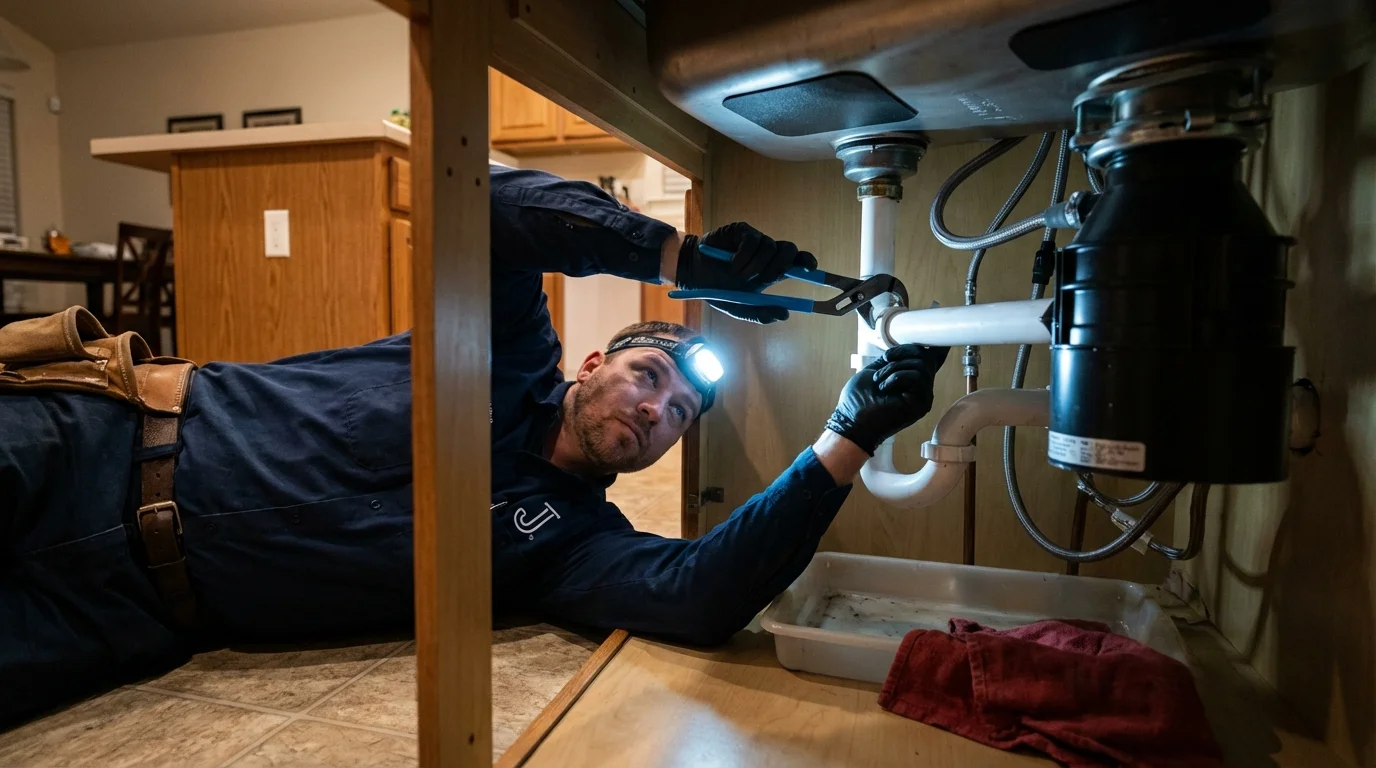 P-trap and supply line connections under a kitchen sink showing a common leak point in Firestone, CO